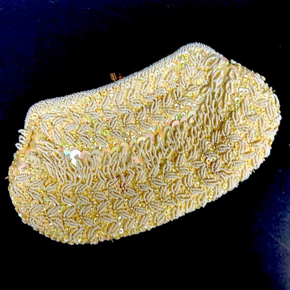 Vintage hinged ivory and iridescent beaded clutch purse SIMPSON’S Hong Kong - Picture 2 of 14